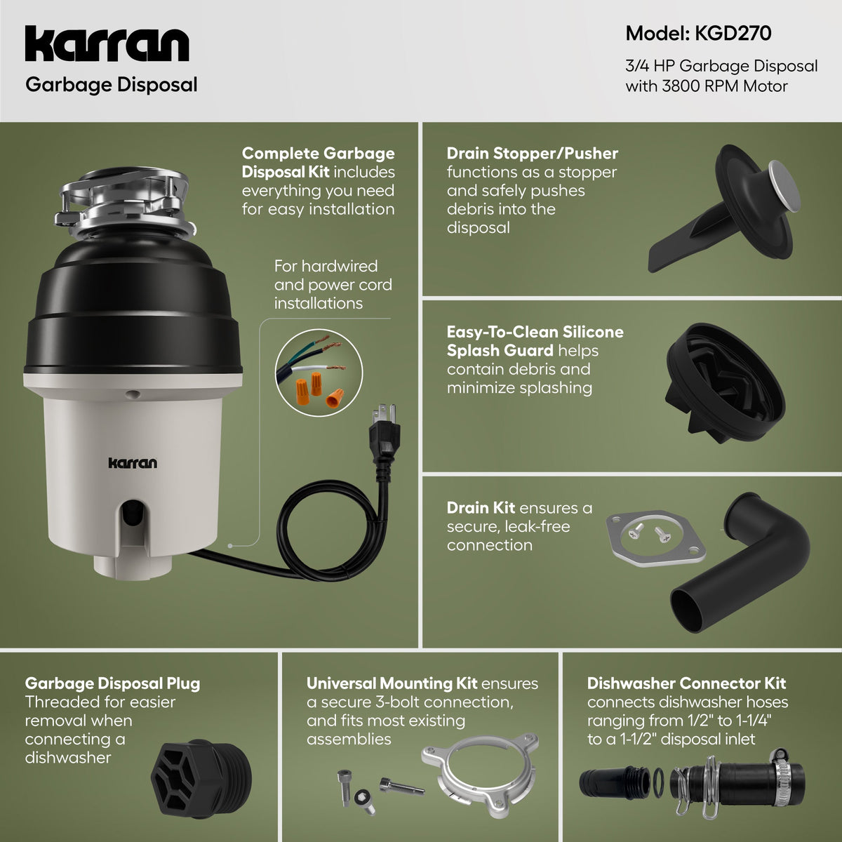 3/4 HP Continuous Feed Garbage Disposal for Kitchen Sinks with Power Cord and Accessories Included