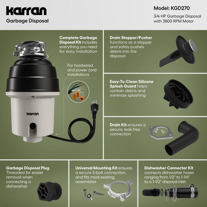 3/4 HP Continuous Feed Garbage Disposal for Kitchen Sinks with Power Cord and Accessories Included