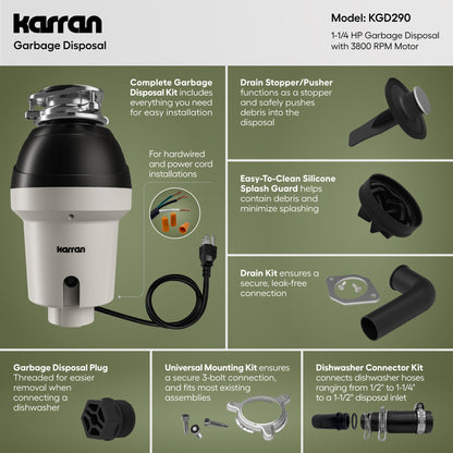 1-1/4 HP Continuous Feed Garbage Disposal for Kitchen Sinks with Power Cord and Accessories included