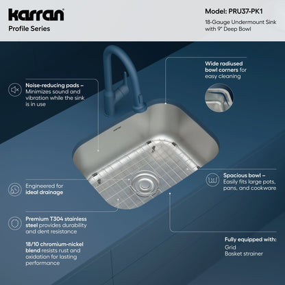 Profile 23" Undermount 18 Gauge Single Bowl Stainless Steel Kitchen Sink with Accessories