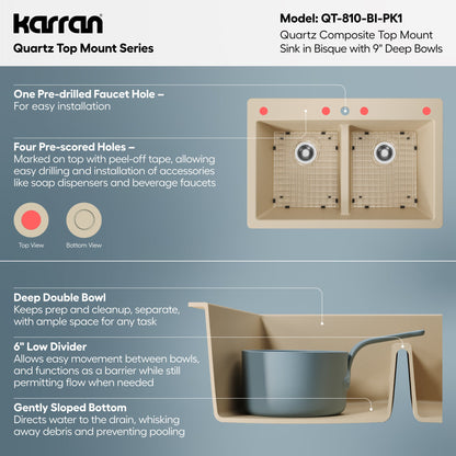 33" Top Mount Double Equal Bowl Quartz Composite Kitchen Sink Kit In Bisque
