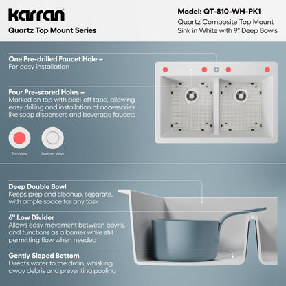 33" Top Mount Double Equal Bowl Quartz Composite Kitchen Sink Kit In White