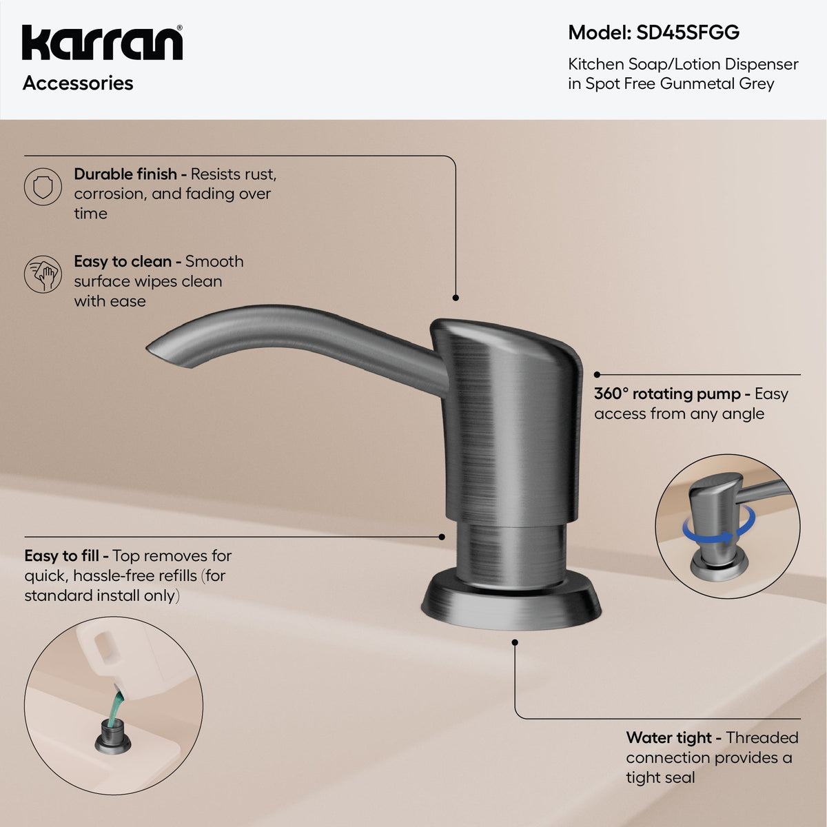 Karran SD45 Soap Dispenser In Spot-Free Gunmetal Grey