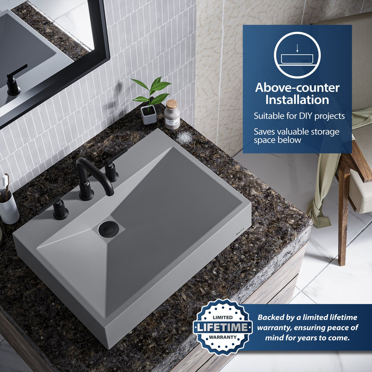 24-1/4" Vessel Quartz Composite Bathroom Sink In Grey