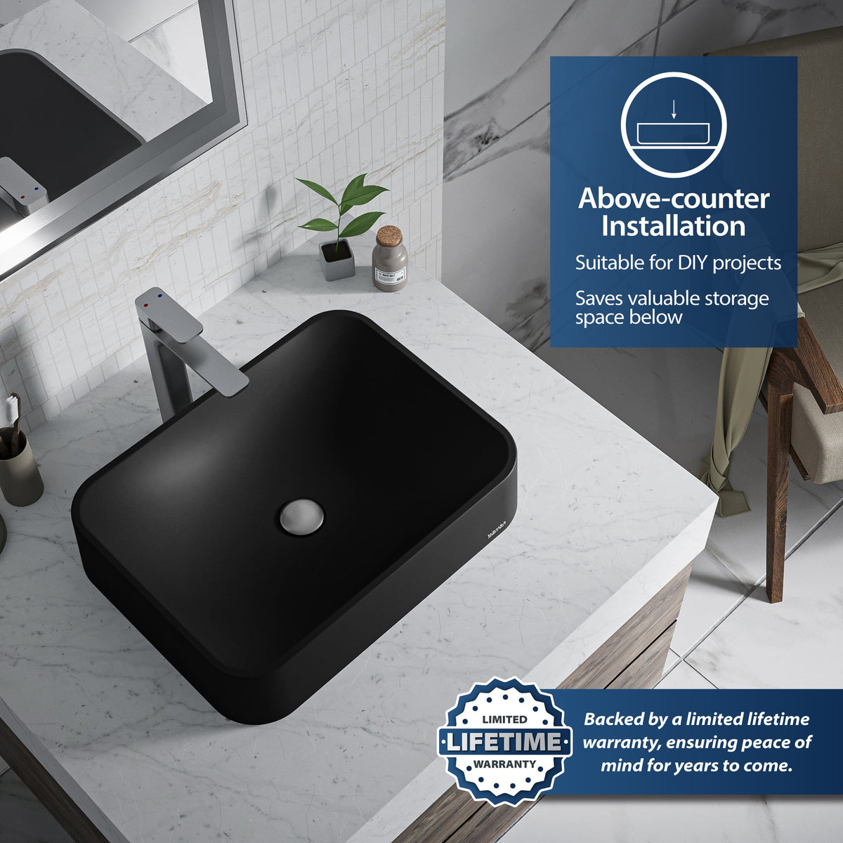 21-1/2" Vessel Quartz Composite Bathroom Sink In Black