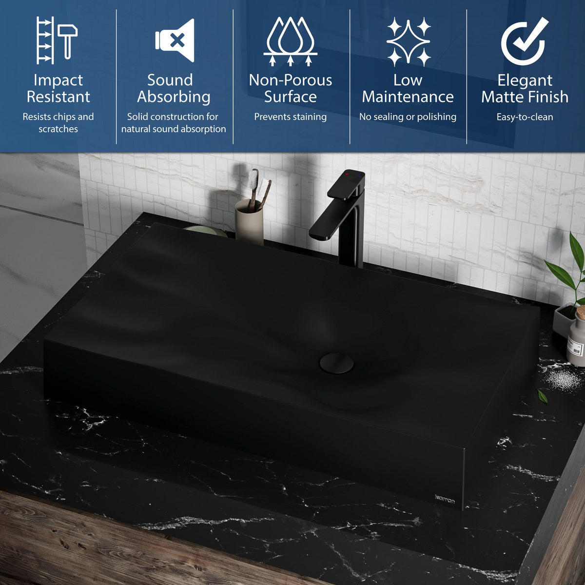 32-1/8" Vessel Quartz Composite Bathroom Sink In Black