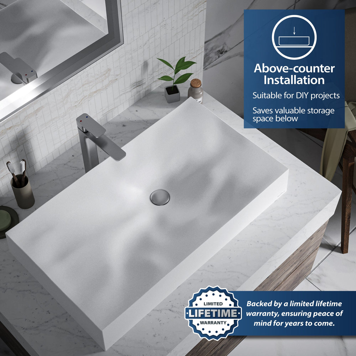 32-1/8" Vessel Quartz Composite Bathroom Sink In White