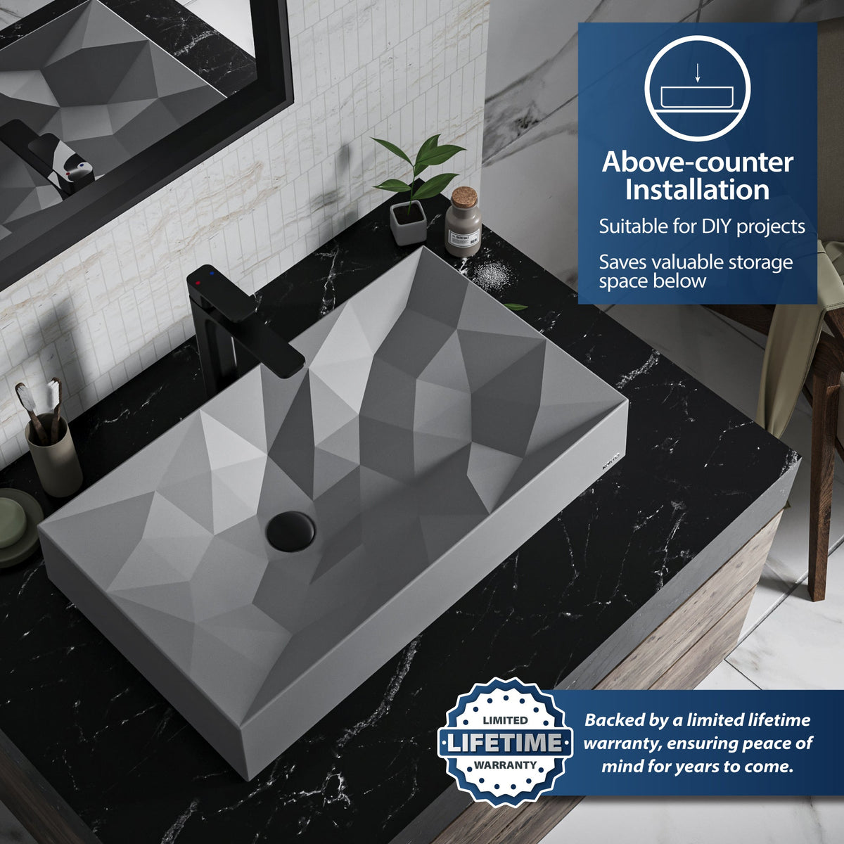 28-1/8" Vessel Quartz Composite Bathroom Sink In Grey