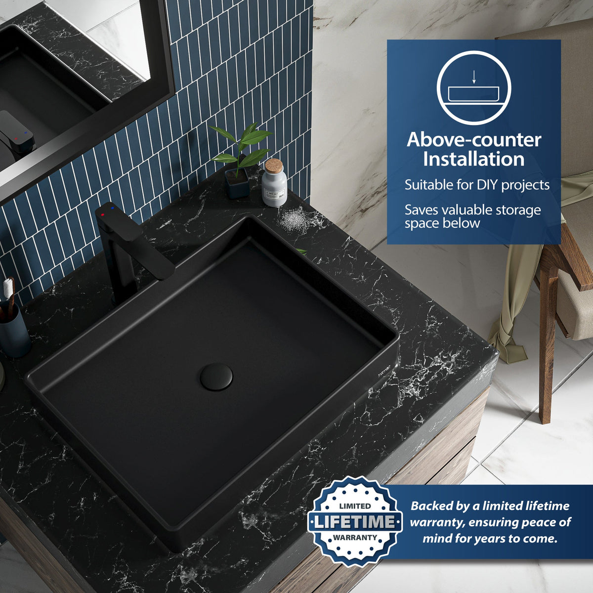 23-5/8" Vessel Quartz Composite Bathroom Sink In Black