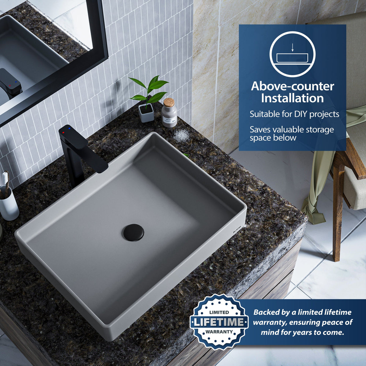 23-5/8" Vessel Quartz Composite Bathroom Sink In Grey