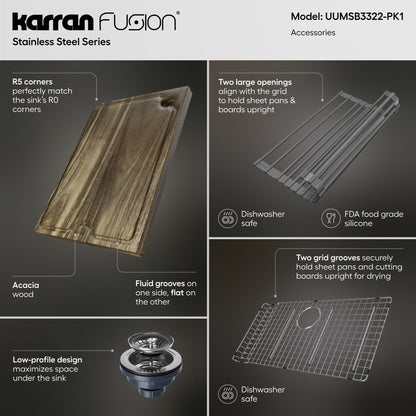 Fusion 33" Undermount Workstation 18 Gauge Single Bowl Stainless Steel Sink with Accessories