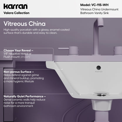 Valera 17" Rectangular Undermount Vitreous China Bathroom Sink In White