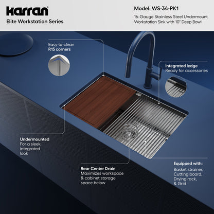 27" Undermount Single Bowl Stainless Steel Workstation Kitchen Sink