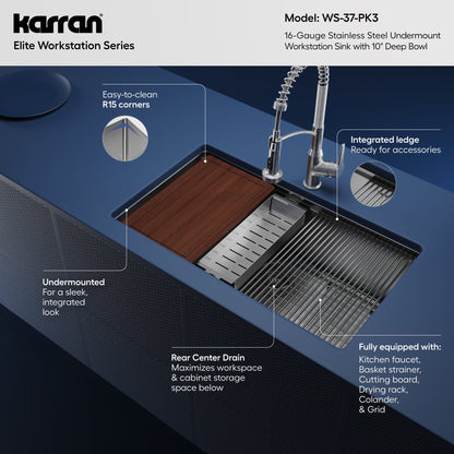 Elite 32" Undermount Workstation 16 Gauge Single Bowl Stainless Steel Kitchen Sink with Scottsdale Pull-Down Faucet