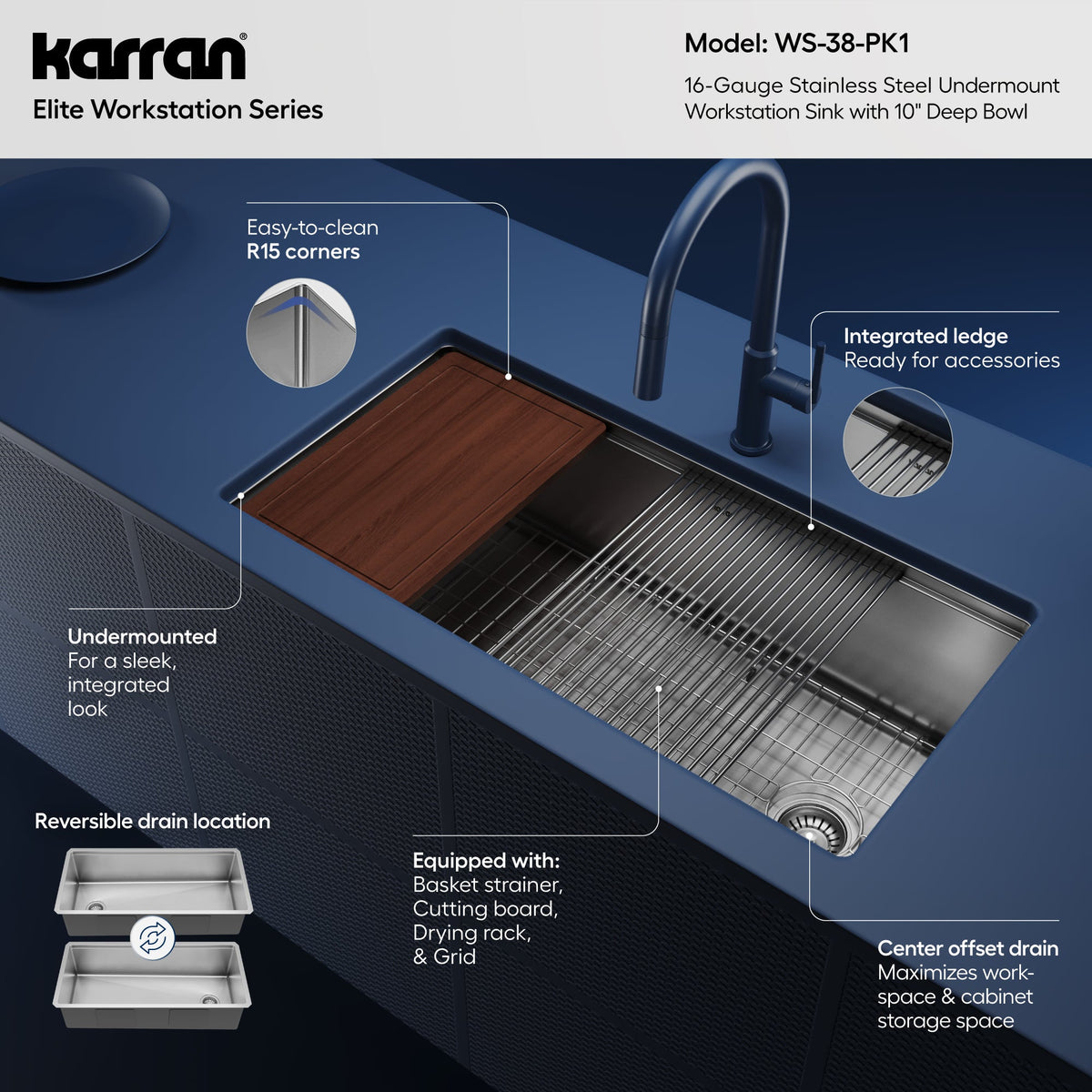 36" Undermount Large Single Bowl Stainless Steel Workstation Kitchen Sink