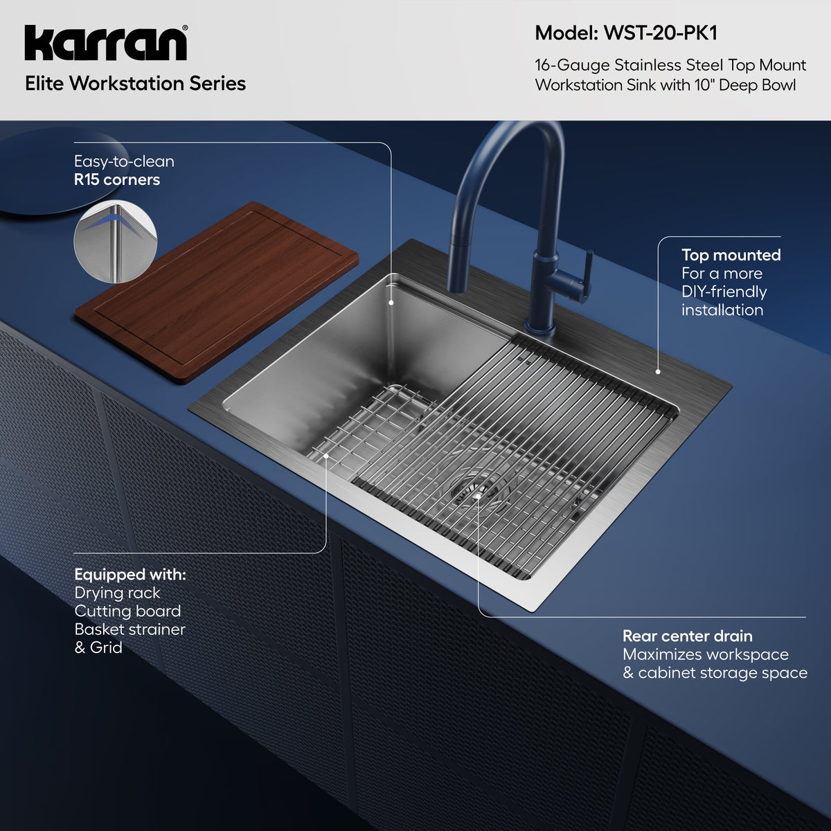 25" Top Mount Single Bowl Stainless Steel Workstation Kitchen Sink
