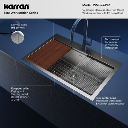 33" Top Mount Large Single Bowl Stainless Steel Workstation Kitchen Sink