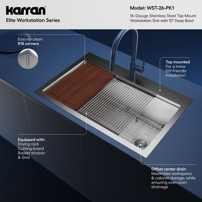 33" Top Mount Large Single Bowl Stainless Steel Workstation Kitchen Sink