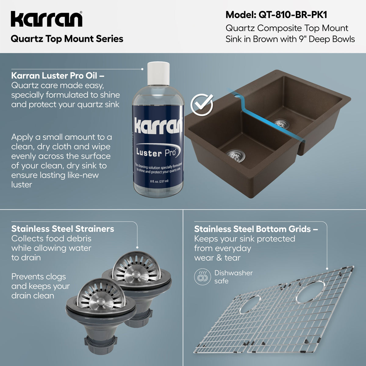 33" Top Mount Double Equal Bowl Quartz Composite Kitchen Sink Kit In Brown