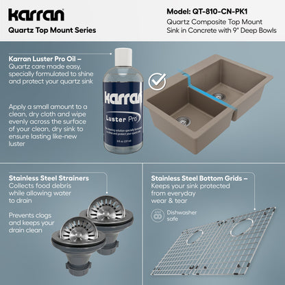 33" Top Mount Double Equal Bowl Quartz Composite Kitchen Sink Kit In Concrete