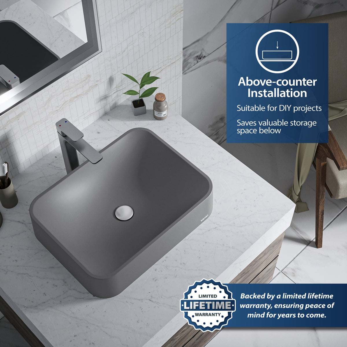 21-1/2" Vessel Quartz Composite Bathroom Sink In Grey