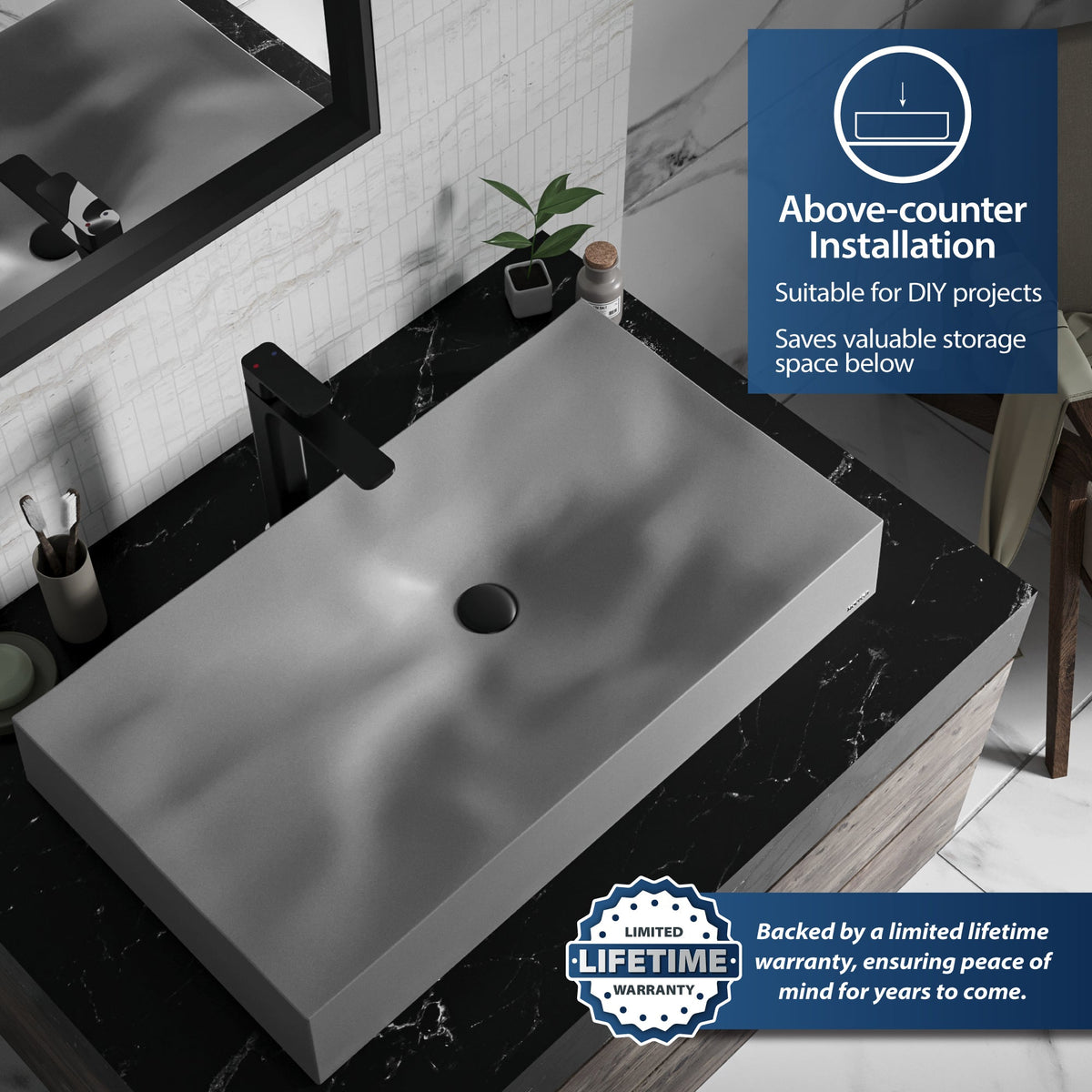 32-1/8" Vessel Quartz Composite Bathroom Sink In Grey