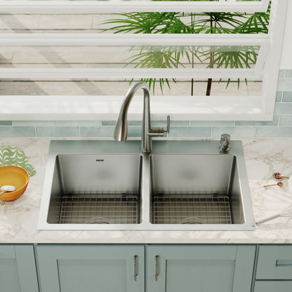 33" Top Mount Double Equal Bowl Stainless Steel Kitchen Sink Kit