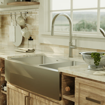 36" Farmhouse Double Offset Bowl Stainless Steel Kitchen Sink Kit