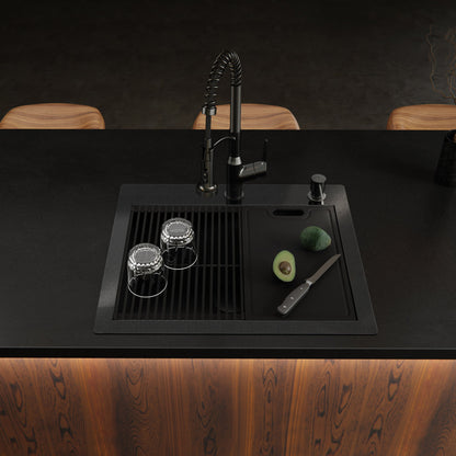 Matrix 25" Top Mount Workstation 16 Gauge Single Bowl Stainless Steel Kitchen Sink In Gunmetal Grey with Accessories