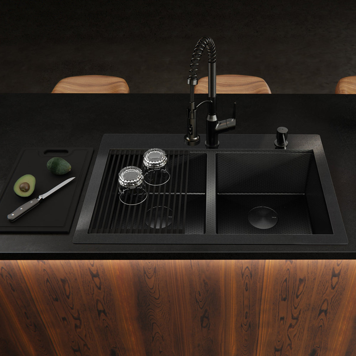 Matrix 33" Top Mount Workstation 16 Gauge Double Bowl Stainless Steel Kitchen Sink In Gunmetal Grey with Accessories