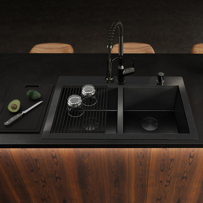 Matrix 33" Top Mount Workstation 16 Gauge Double Bowl Stainless Steel Kitchen Sink In Gunmetal Grey with Accessories