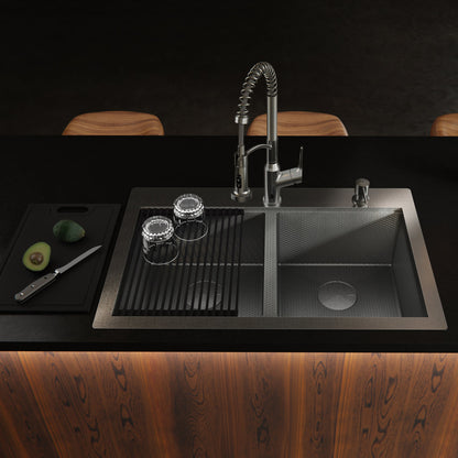 Matrix 33" Top Mount Workstation 16 Gauge Double Bowl Stainless Steel Kitchen Sink with Accessories