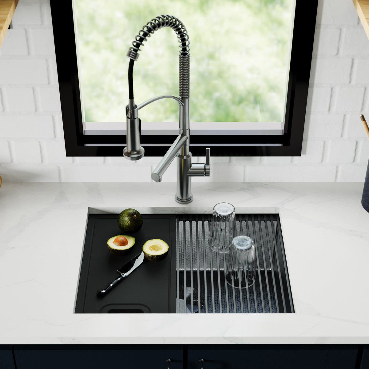 Matrix 24" Undermount Workstation 16 Gauge Single Bowl Stainless Steel Kitchen Sink In Gunmetal Grey with Accessories