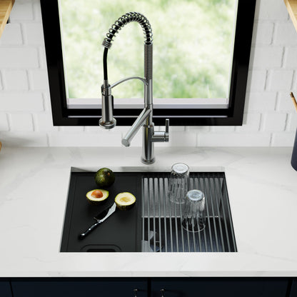 Matrix 24" Undermount Workstation 16 Gauge Single Bowl Stainless Steel Kitchen Sink In Gunmetal Grey with Accessories