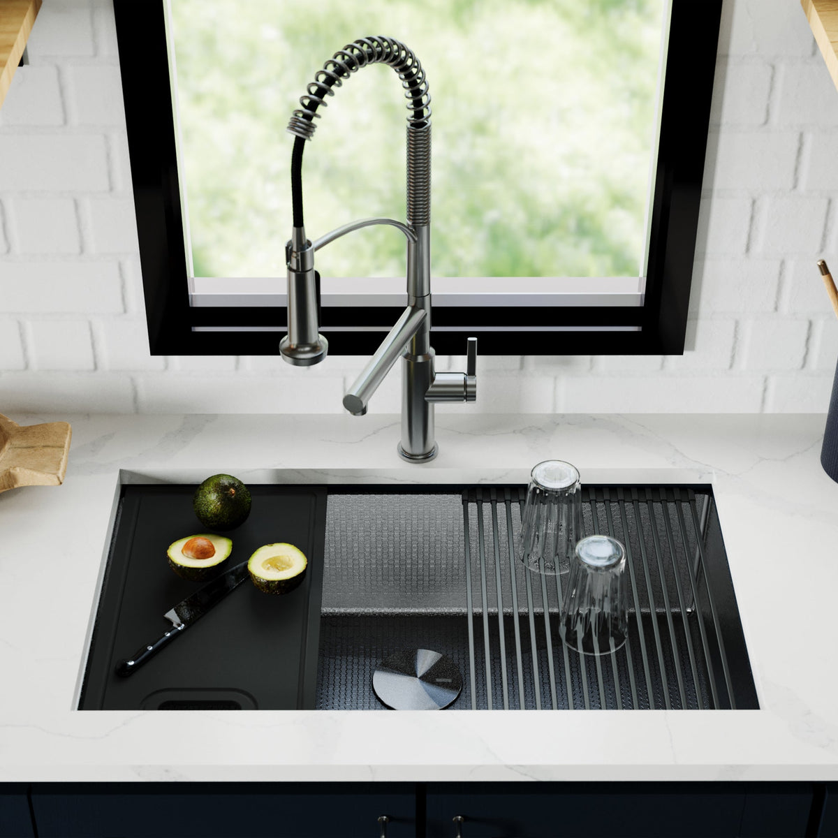 Matrix 32" Undermount Workstation 16 Gauge Single Bowl Stainless Steel Kitchen Sink In Gunmetal Grey with Accessories