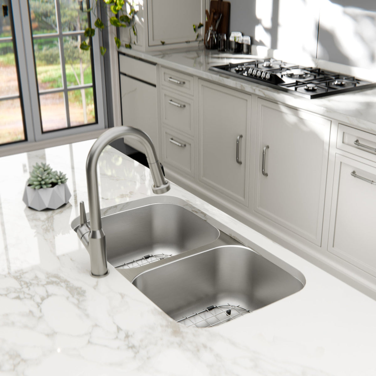 Profile 32" Undermount 18 Gauge Double Bowl Stainless Steel Kitchen Sink with Accessories