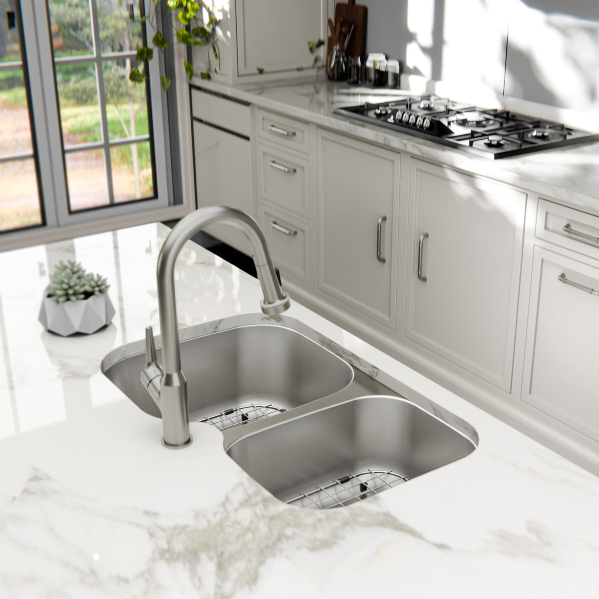 Profile 31" Undermount 18 Gauge Double Offset Bowl Stainless Steel Kitchen Sink with Accessories