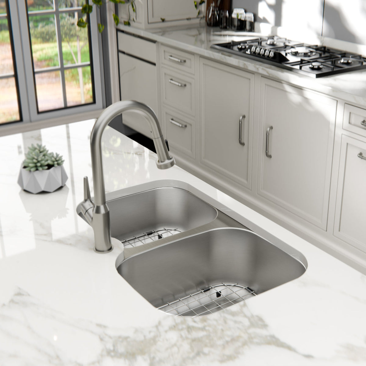 Profile 31" Undermount 18 Gauge Double Offset Bowl Stainless Steel Kitchen Sink with Accessories