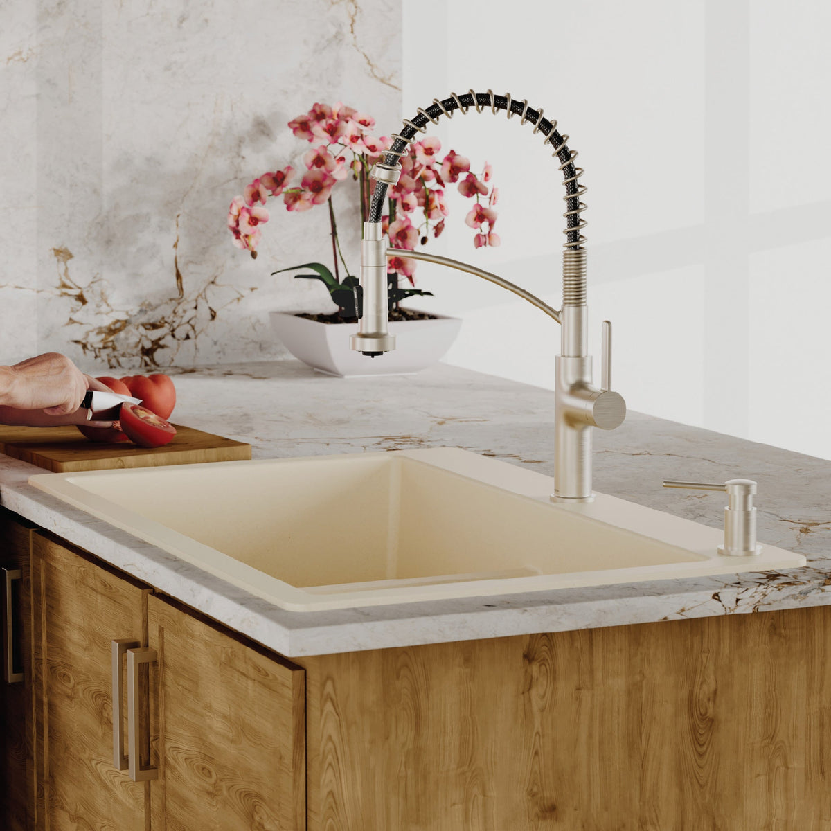 33" Top Mount Double Bowl Quartz Composite Kitchen Sink In Bisque