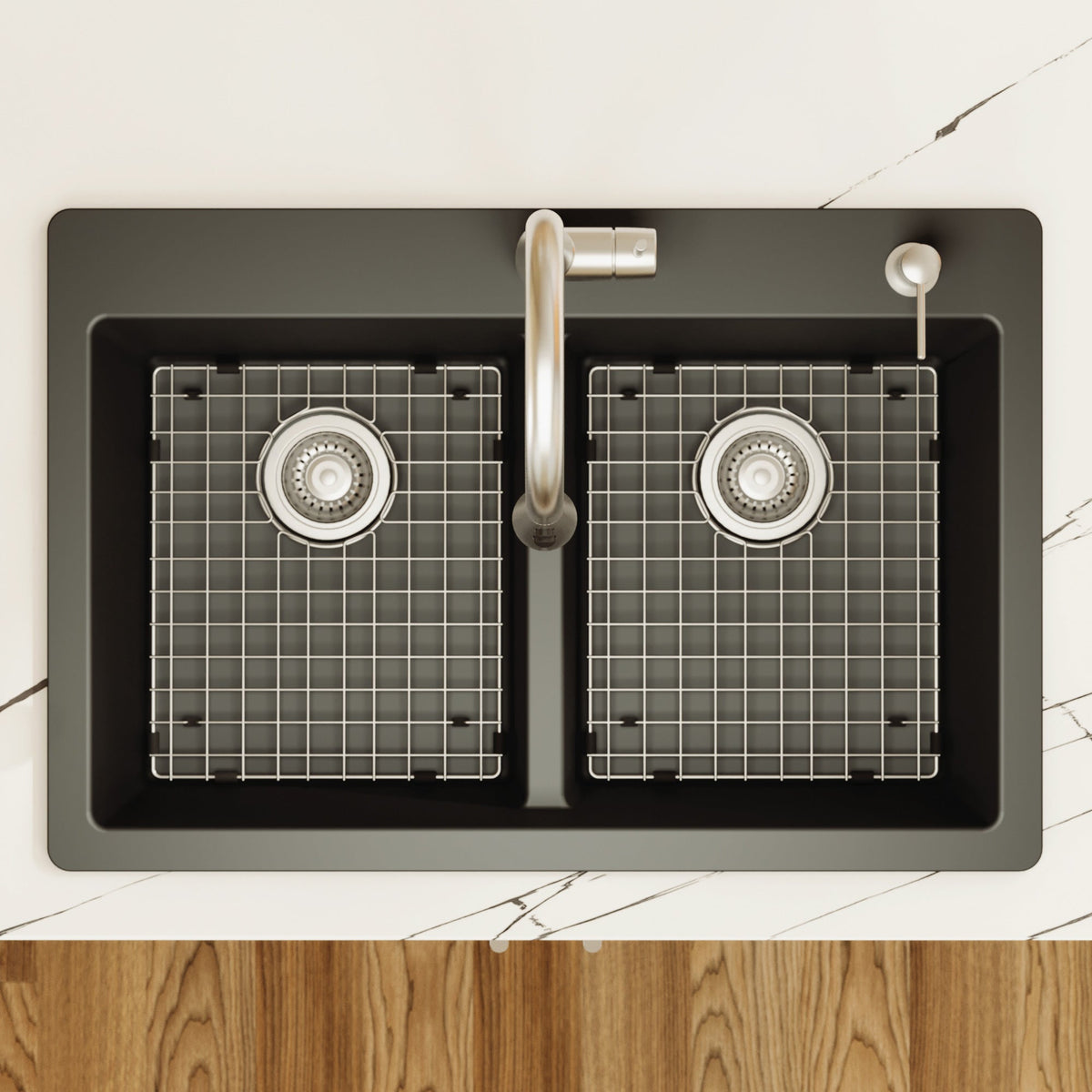 33" Top Mount Double Equal Bowl Quartz Composite Kitchen Sink Kit In Black
