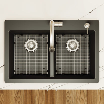 33" Top Mount Double Equal Bowl Quartz Composite Kitchen Sink Kit In Black