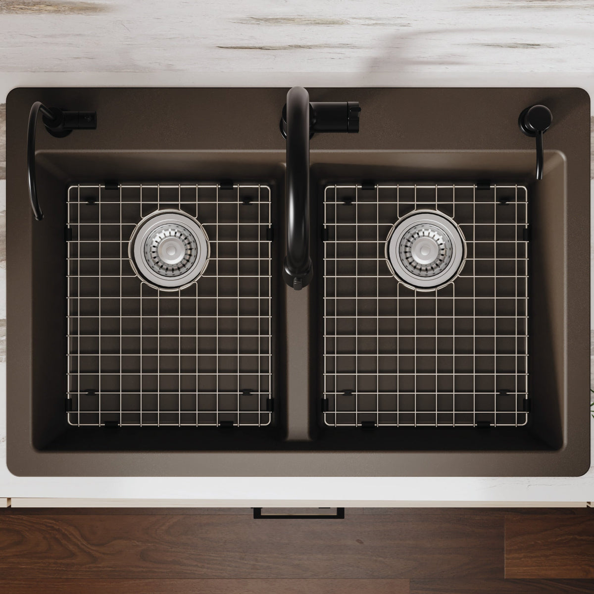 33" Top Mount Double Equal Bowl Quartz Composite Kitchen Sink Kit In Brown