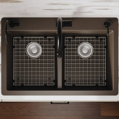 33" Top Mount Double Equal Bowl Quartz Composite Kitchen Sink Kit In Brown