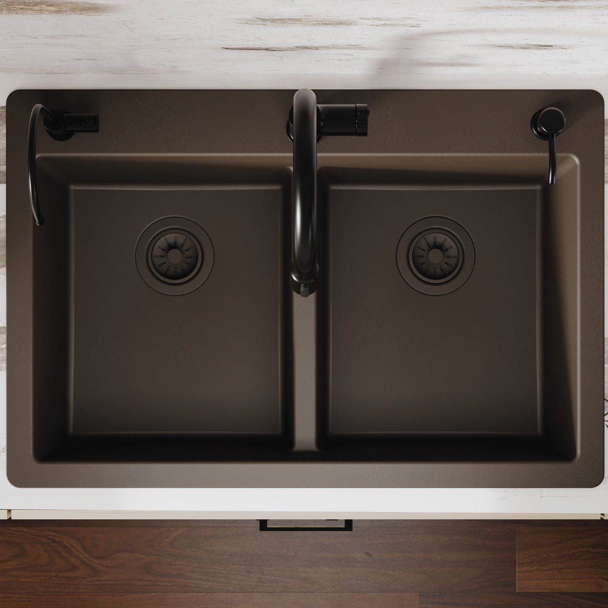 33" Top Mount Double Bowl Quartz Composite Kitchen Sink In Brown