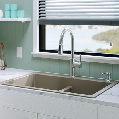33" Top Mount Double Equal Bowl Quartz Composite Kitchen Sink Kit In Concrete