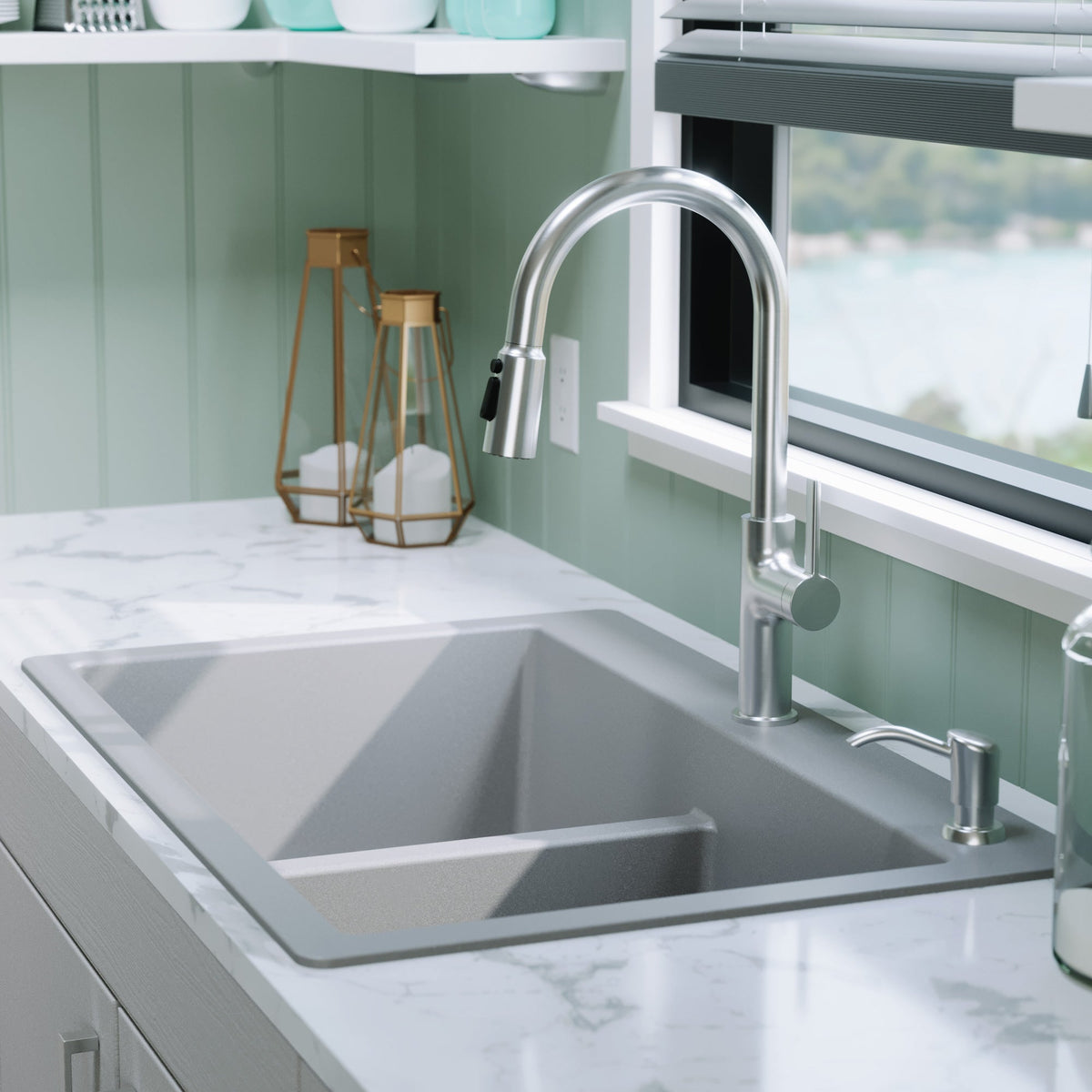 33" Top Mount Double Equal Bowl Quartz Composite Kitchen Sink Kit In Grey