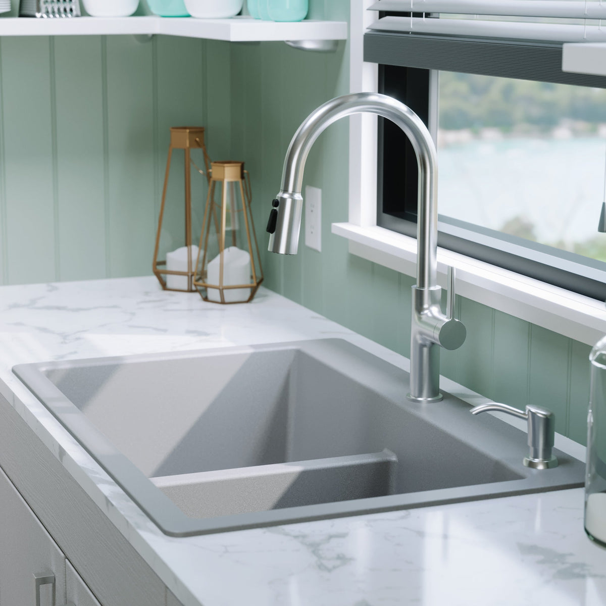 33" Top Mount Double Bowl Quartz Composite Kitchen Sink In Grey