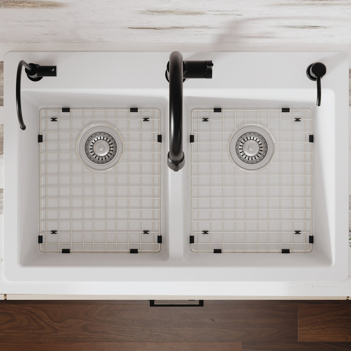 33" Top Mount Double Equal Bowl Quartz Composite Kitchen Sink Kit In White