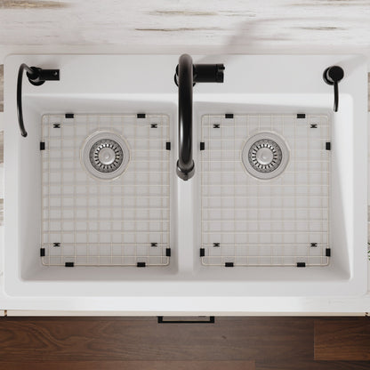 33" Top Mount Double Equal Bowl Quartz Composite Kitchen Sink Kit In White