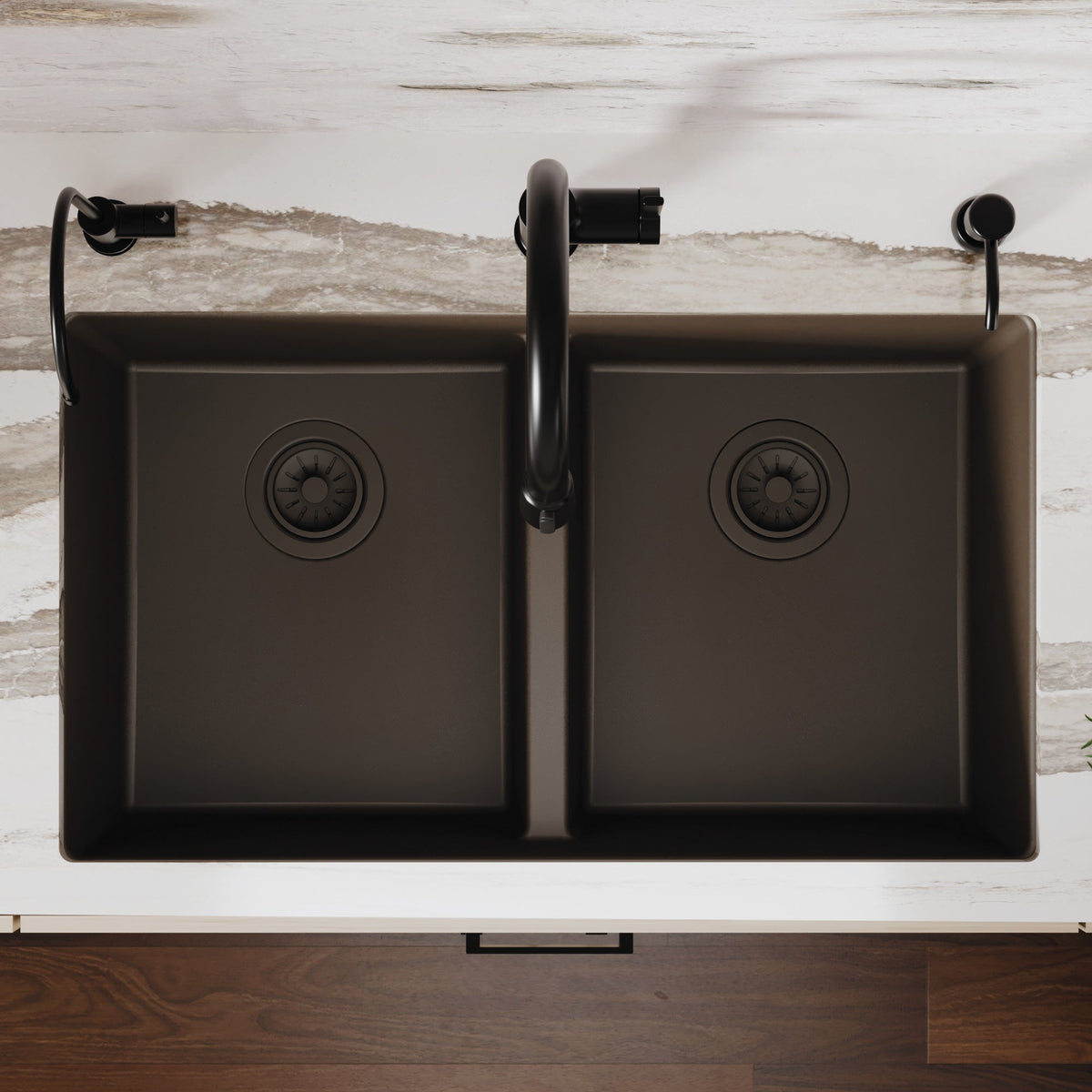 32-3/8" Undermount Double Equal Bowl Quartz Composite Kitchen Sink In Brown